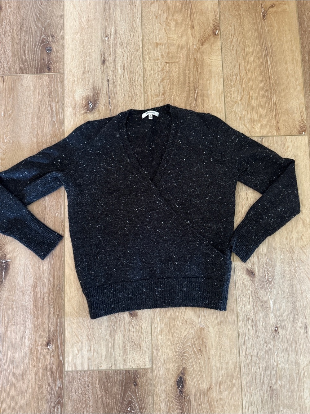 Madewell | Black Speckled V-Neck Sweater | Faux Wrap | size S | Wool Blend